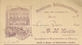 710939 Kop van een nota van de Utrechtsche Delicatessenhandel F.H. Klokke, Oudkerkhof 15-17 te Utrecht, ten name van ...